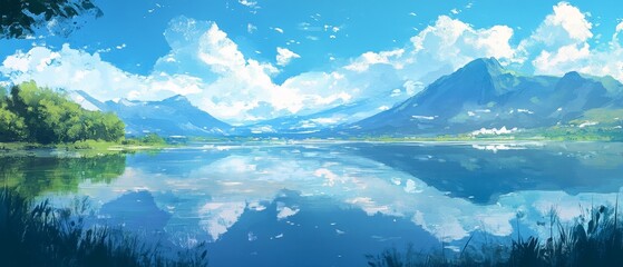 A beautiful landscape with a lake and mountains in the background