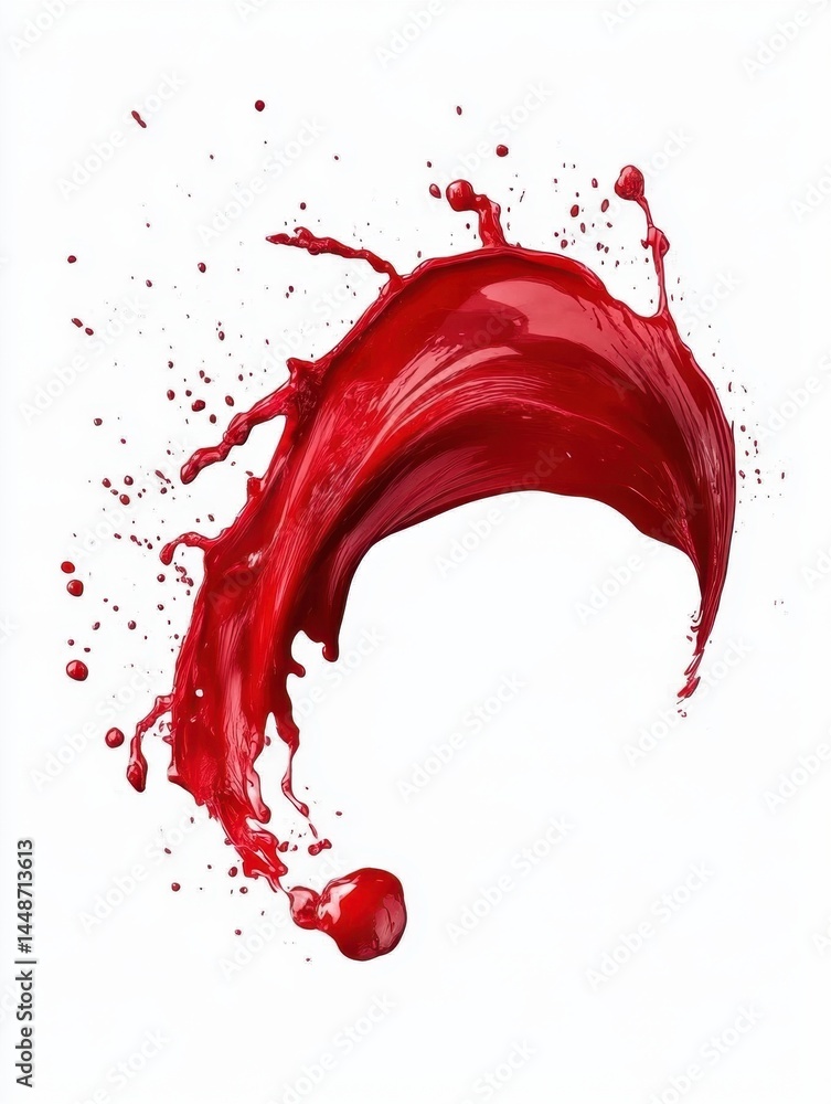 Poster dynamic splash of vibrant red paint suspended in air against a clean white background creating a cap