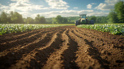Tractor on a plowed field ready for planting under a clouded sky.