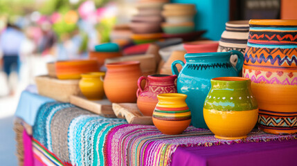 Vibrant traditional mexican pottery display showcasing colorful handcrafted ceramics