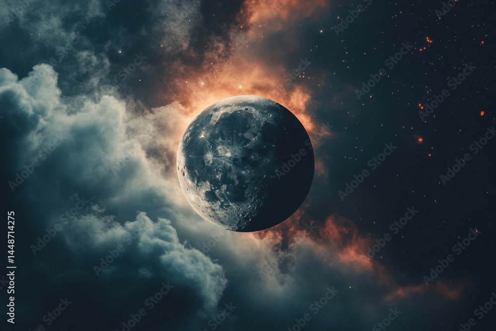 Poster dramatic celestial scene of a full moon surrounded by ethereal clouds and distant stars in a captiva