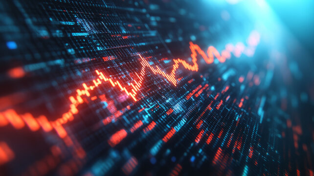 Glowing digital waveform over a binary code background.