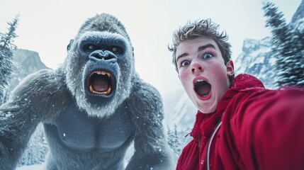 A young man is taking a selfie with a giant gorilla