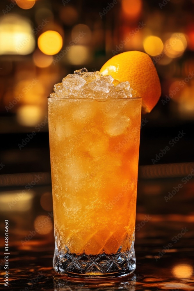Poster refreshing orange cocktail with crushed ice and citrus garnish on a bar top evoking a vibrant and in
