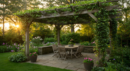 Obraz premium Lush Pergola in a Serene Garden Setting at Sunset Glow Landscape