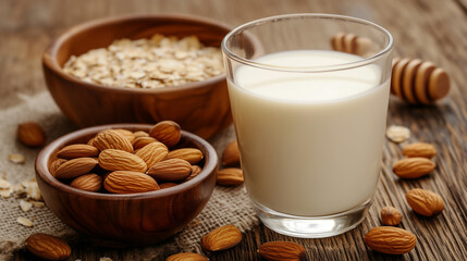 Healthy breakfast ingredients including milk, almonds, and oats arranged on a wooden table