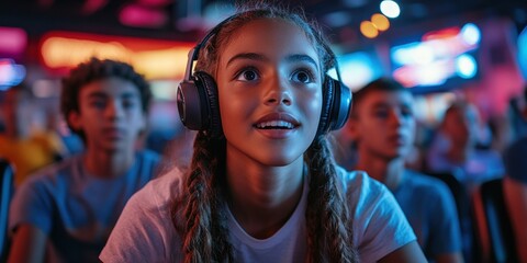 Engaging gaming experience arcade center digital play vibrant atmosphere upbeat perspective