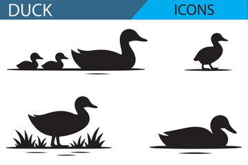 Minimalist Duck Silhouettes for Digital Projects - Walking and Swimming Icons