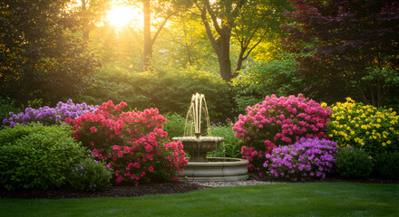 Obraz premium Serene Garden Sanctuary With Blooming Azaleas And Flowing Fountain at Sunrise