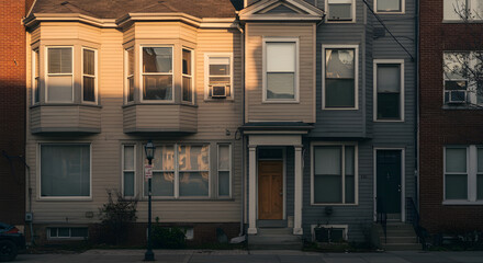 Obraz premium Row Houses Display Varied Architecture And Sunlight In Urban Setting