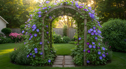 Fototapeta premium Morning Glory Cascade Adorning Serene Backyard Garden Arbor Landscape