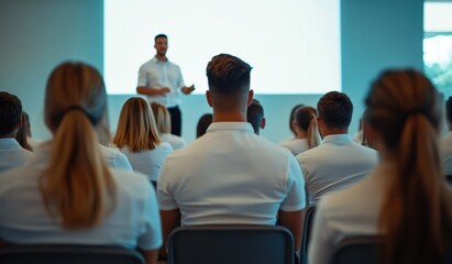 Fototapeta premium A group of business people in white shirts and black pants, sitting in chairs facing the stage with one man standing on it giving a presentation to the other people during a conference Generative AI