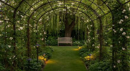 Romantic Rose Archway Creates a Serene Retreat in Lush Green Garden