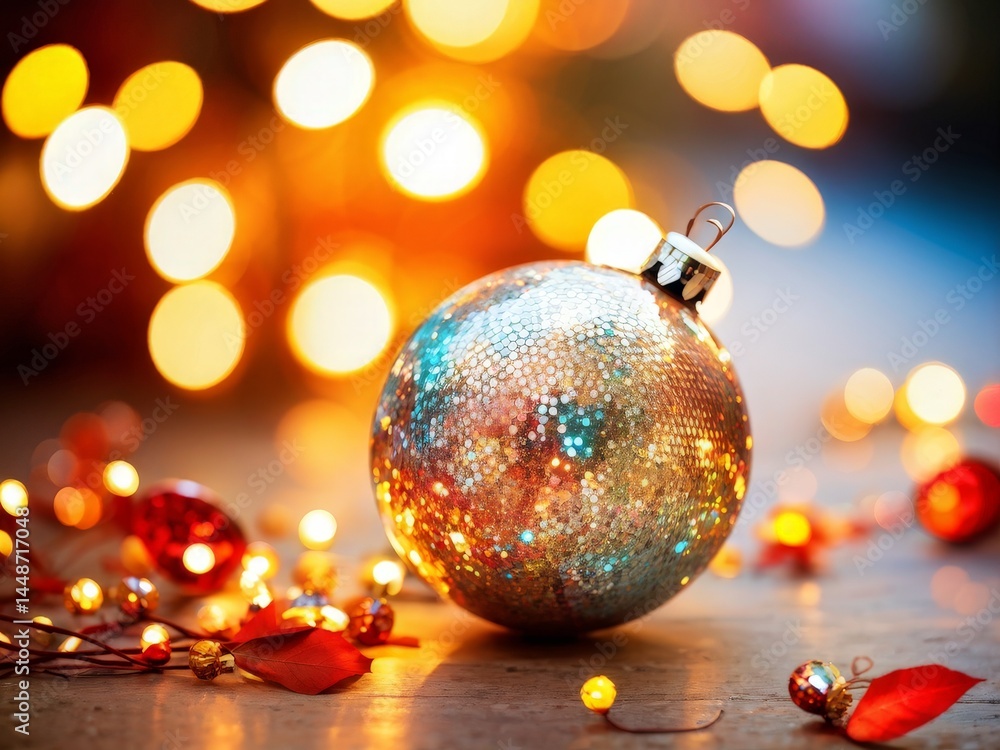 Poster red christmas ball and tree with bokeh background