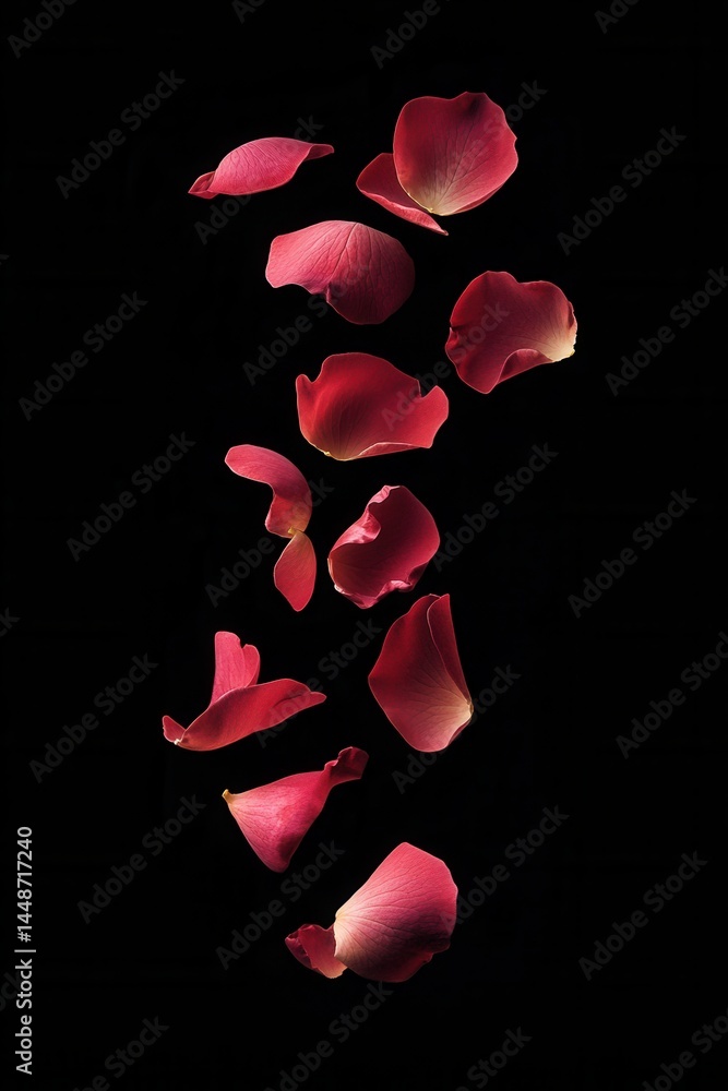 Poster elegant floral arrangement featuring falling rose petals on a black background creating a romantic a