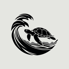 Black silhouette of a sea turtle swimming in a wave