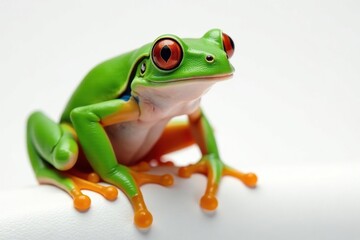 Obraz premium Green tree frog perched on white, vibrant skin, summer, vibrant, white background