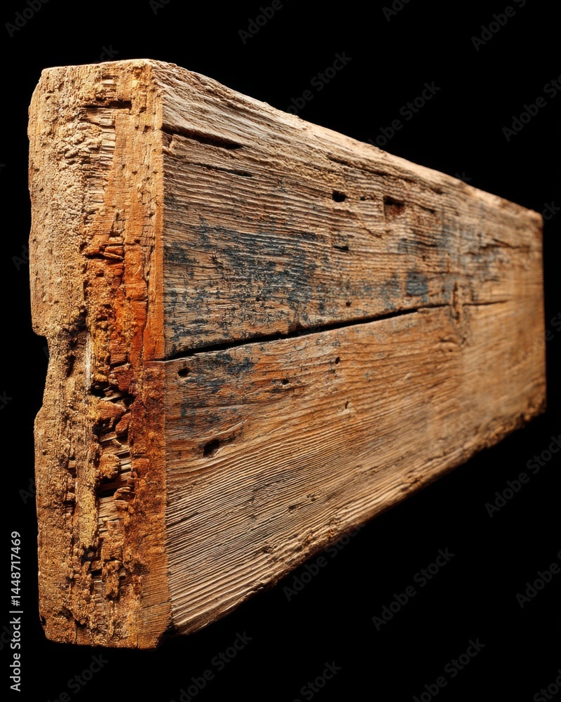 Poster rustic wooden beam with detailed grain texture on black backdrop capturing natural warm tones and we