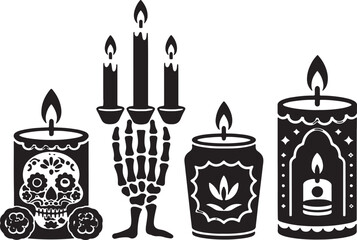 Day of Dead Candle silhouette set vector illustration isolated On Transparent Background