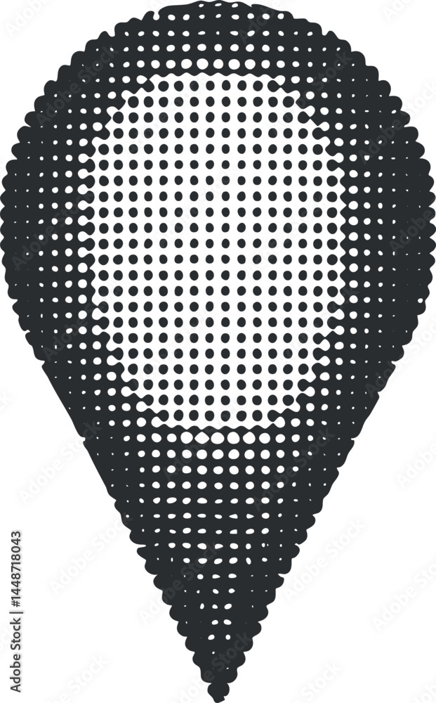Poster halftone style black and white location pin icon used for map navigation and positioning