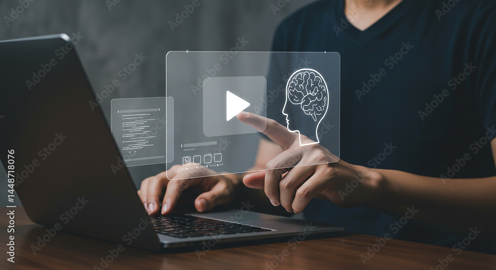 Poster person using laptop with transparent interface showing brain and play button on a wooden surface