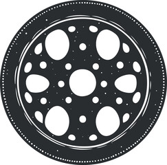 Black and white illustration of a car wheel rim with circular holes and detailed design