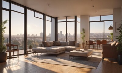 Sun-drenched living room, city view balcony, sleek furniture ,  apartment,  balcony