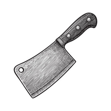 kitchen meat cleaver woodcut engraving vector illustration