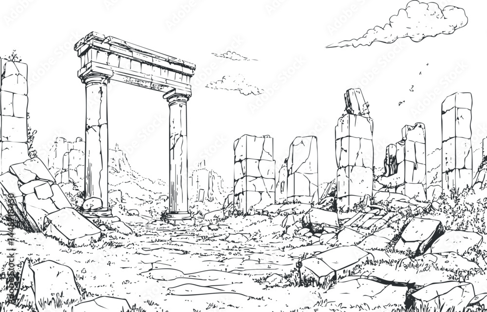 Poster black and white line drawing of ancient ruins with broken stone columns and an archway in a deserted
