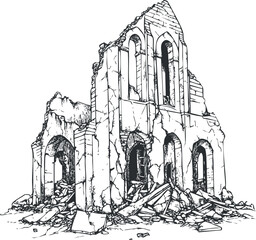 Black and white sketch of a ruined abandoned building with broken walls and debris scattered around