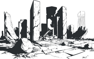 Black and white illustration of a destroyed cityscape with ruined and cracked buildings in apocalyptic setting