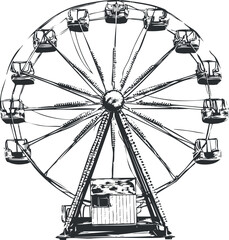 Black and white sketch of a ferris wheel amusement ride with cabins and metal structure