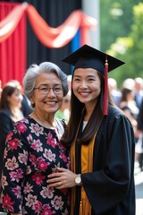 Obraz premium Two Generations of Asian Women: Young Graduate Smiling Next to Proud Older Woman
