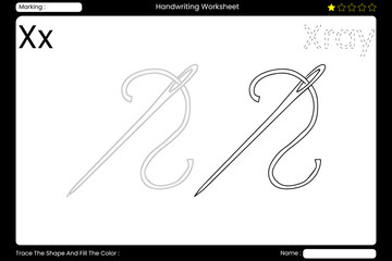 race Letter X. Sharp Sewing Needle Coloring Page for Kids. Printable Vocabulary Builder. Educational Vector Worksheet