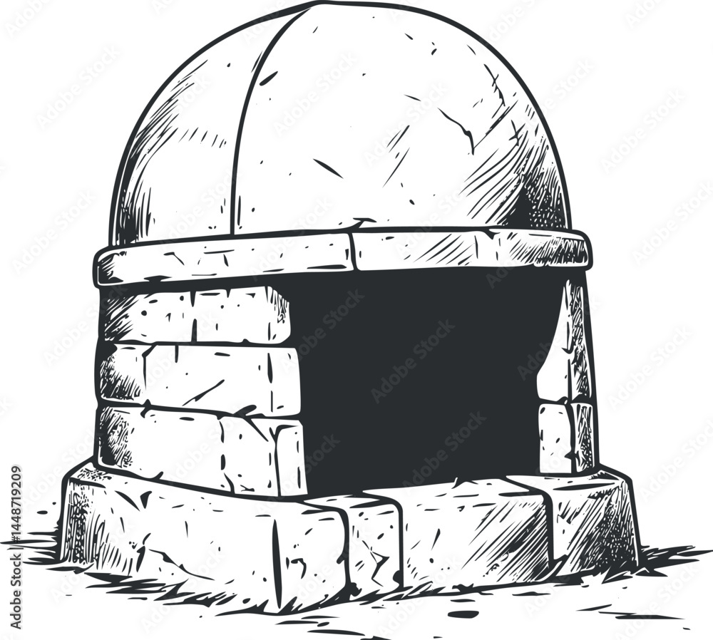 Poster hand drawn sketch of an ancient stone dome structure with an arched opening and weathered blocks