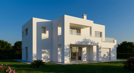 Modern Minimalist Villa Exterior Under Blue Sky In Summer Season