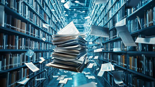 Papers swirl around towering bookshelves in a library as chaos unfolds during a gust of wind