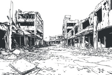 Black and white sketch of a desolate street with ruined buildings and extensive destruction