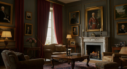 Elegant Living Room Displaying Classic Decor And Portrait Art Gallery