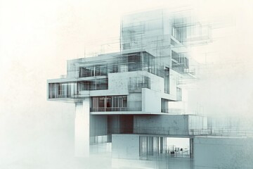 3D buildings emerging form architectural drawings. Generative AI illustration
