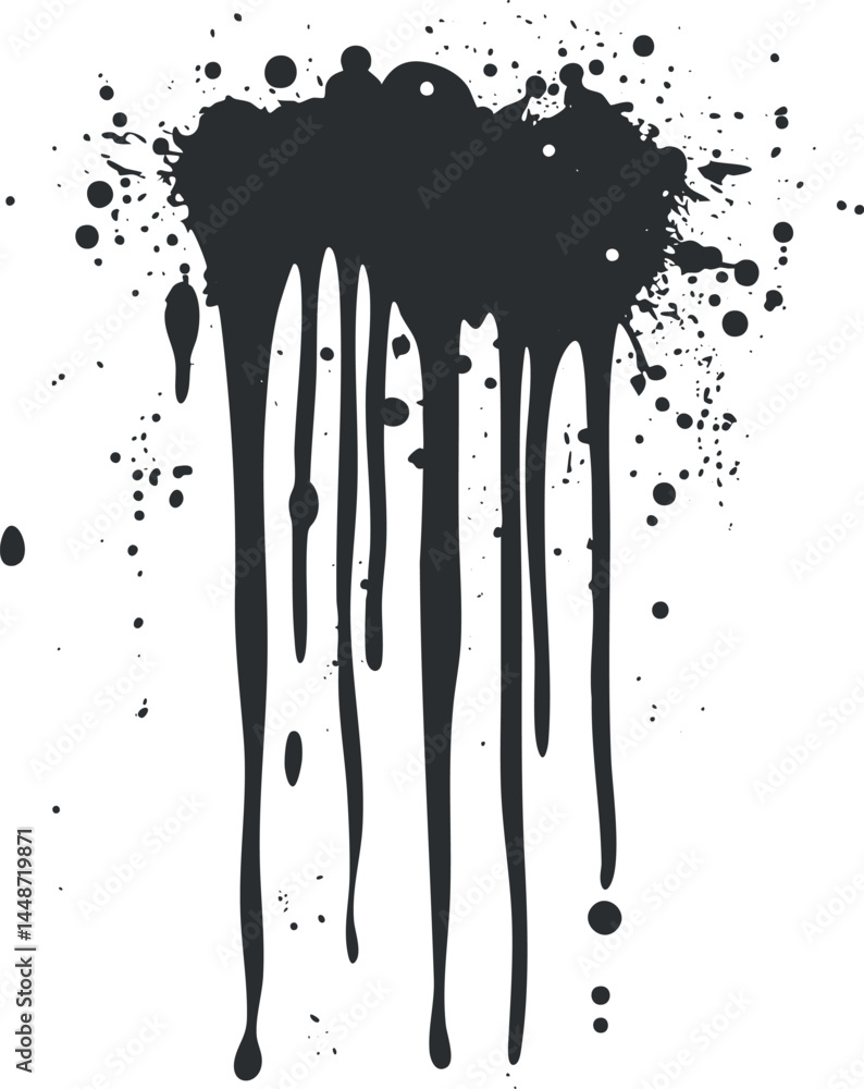 Poster black ink splatter with drips and droplets creating an abstract grunge texture on white background.