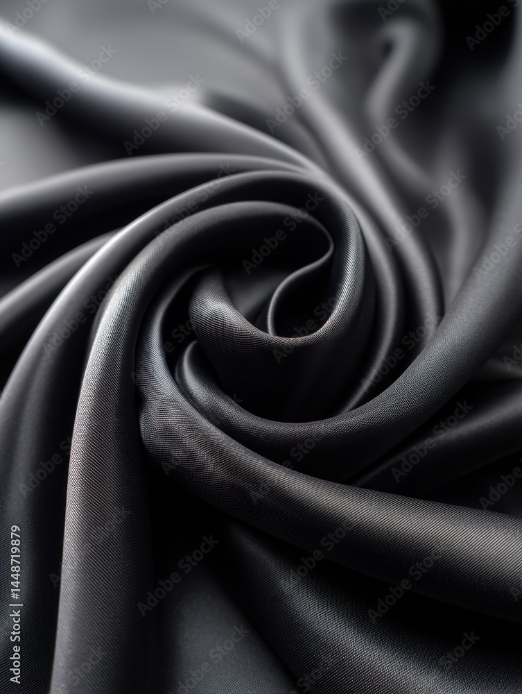 Poster elegant flowing dark gray silk fabric forming a soft swirl pattern from a high angle perspective cre