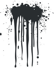 Black ink splatter with drips and droplets creating an abstract grunge texture on white background.