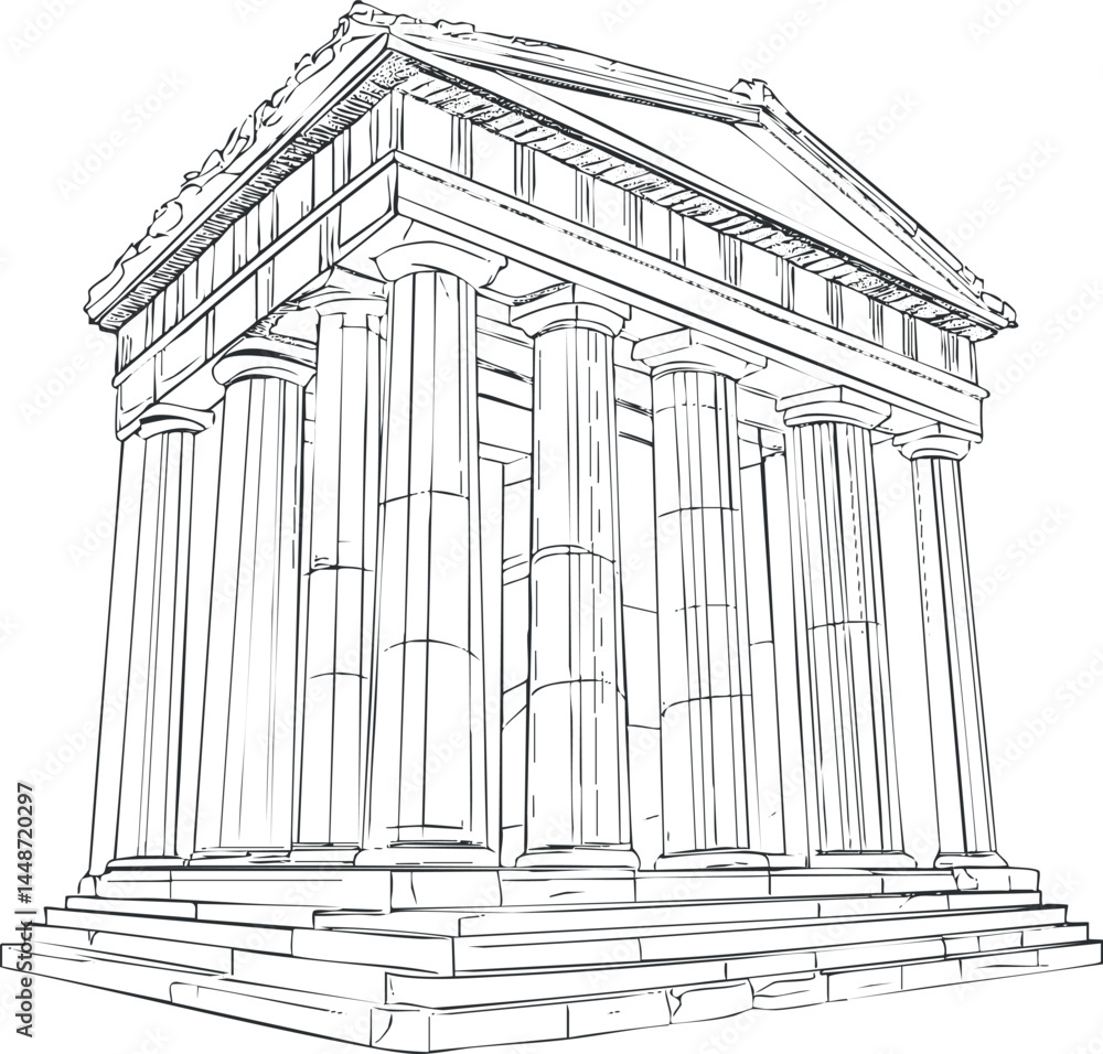 Aufkleber black and white line drawing of an ancient greek temple with doric columns and triangular pediment