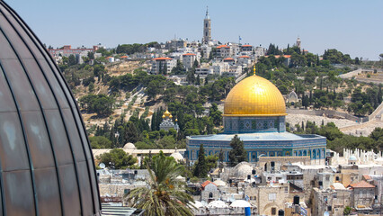Panorama overlooking the Old city of Jerusalem timelapse, Israel, including the Dome of the Rock