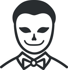 Black and white illustration of a smiling person wearing a mask and a bowtie in a minimalist style