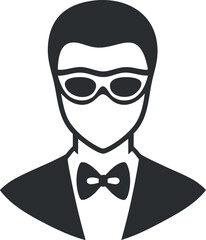 Black and white silhouette icon of a man wearing glasses and a bowtie in formal attire