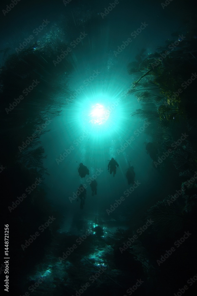 Poster scuba divers explore underwater world with sun rays piercing through the ocean depth creating a sere