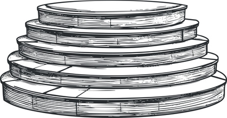 Hand drawn sketch of a round wooden tiered platform with multiple steps for display or stage use © vadymstock