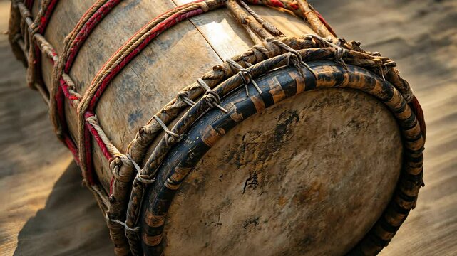 Traditional drum making process in a village during the late afternoon